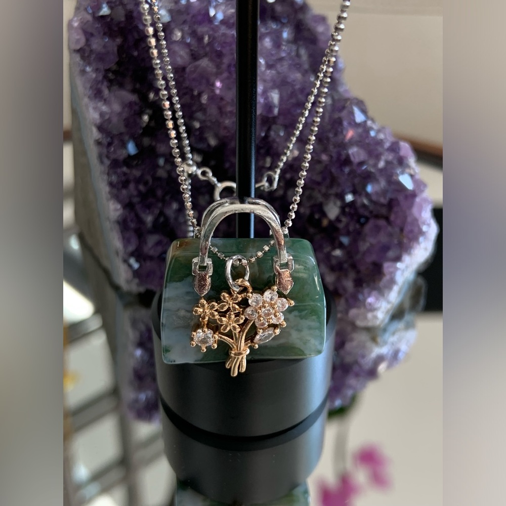 HANDMADE Moss Agate Stone Necklace with Charm